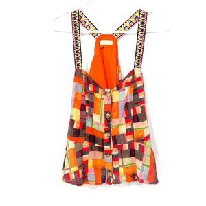 Anthropologie Pilcro Size M Blouse Abstract Peplum Button Tank Top Orange